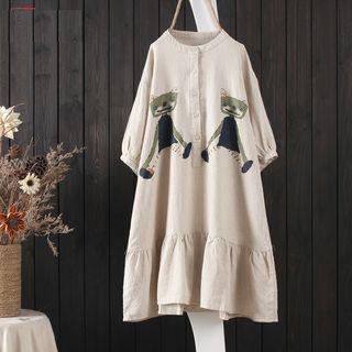 Print Stand-collar Elbow-sleeve Dress