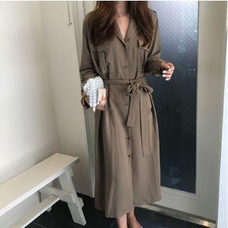 Tie Waist Midi Shirt Dress Brown - One Size