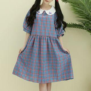 Peter Pan-collar Plaid Dress Blue - One Size