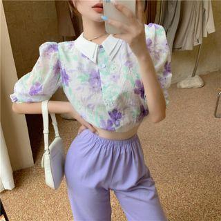 Puff-sleeve Floral Cropped Blouse / Wide-leg Pants