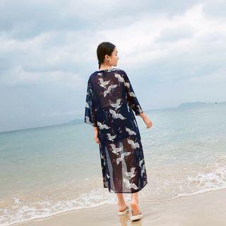 Crane Print Chiffon Beach Cover-up