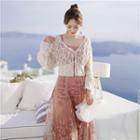 Embroidered Midi Spaghetti Strap Dress / Lace-up Light Jacket