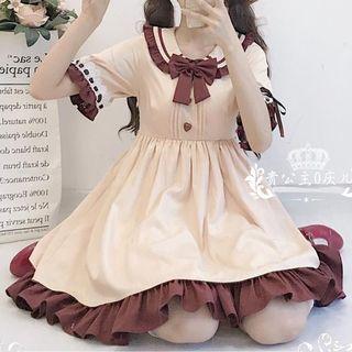 Contrast Trim Short-sleeve A-line Dress / Bow Accent Hairband / Set