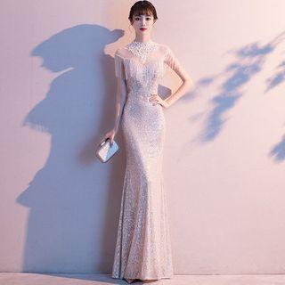 Spaghetti Strap Sequined Sheath Evening Gown