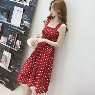 Spaghetti Strap Dotted Shirred A-line Midi Dress