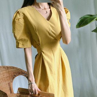 V-neck Tie-waist Linen Blend Dress