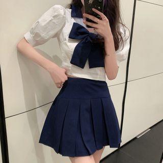 Puff-sleeve Cropped Blouse / Bow / Pleated Mini A-line Skirt / Set