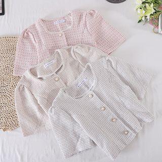 Round-neck Short-sleeve Faux Pearl Top