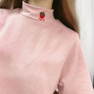 Embroidered Fruit Mock-neck Short-sleeve T-shirt