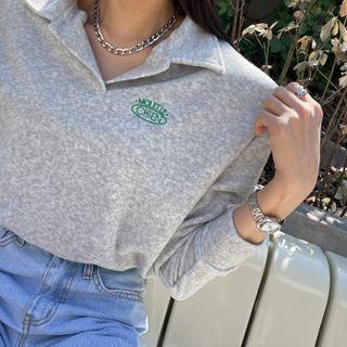 Collared Letter-embroidered Terry Sweatshirt
