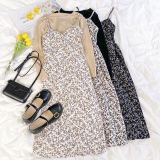 Floral Printed Spaghetti-strap Dress / Long-sleeve Plain Knit Top