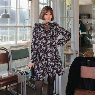 Sheer-yoke Frilled Floral Mini Dress