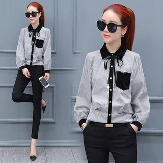 Stand-collar Long-sleeved Pocketed Gingham Bow Blouse