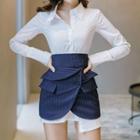 Set: Plain Shirt Dress + Striped High Waist Mini Skirt