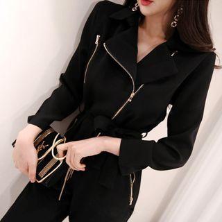 3/4-sleeve Collared Cropped Jumpsuit