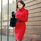 Turtle-neck Frey-hem Knit Dress