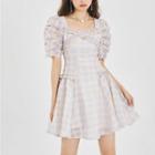 Short-sleeve Square-neck Plaid Ruffle Trim Dress