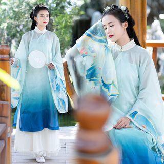 Flower Print Hanfu Blouse / Strapless Top / Maxi A-line Skirt / Set