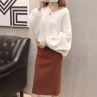 Set: Batwing-sleeve V-neck Sweater + Rib Knit Skirt