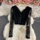 V-neck Lace Long Sleeve Skinny Crop Top Black - One Size