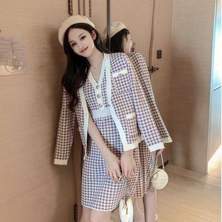 Set: Houndstooth Cardigan + V-neck Sleeveless Knitted Dress