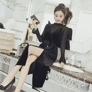 Set: Mesh Blouse + Spaghetti Strap Velvet Dress