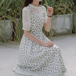 Short-sleeve Mock Two-piece Floral Panel Midi A-line Dress