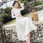 Lace Long Sleeve Stand Collar Midi Dress