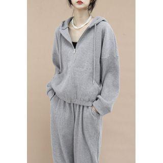 Drop-shoulder Ribbed Zip-up Hoodie Gray - One Size