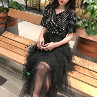 Short-sleeve Metallic Striped Mesh Midi Tiered Dress