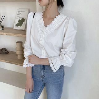 V-neck Lace-trim Faux-pearl Blouse White - One Size
