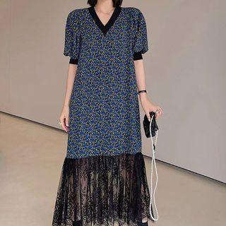 Short-sleeve V-neck Floral Lace Trim Midi A-line Dress Blue - One Size