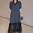 Short-sleeve V-neck Floral Lace Trim Midi A-line Dress Blue - One Size