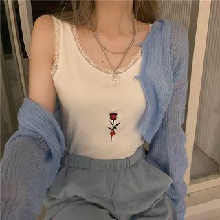 Lace Trim Embroidered Crop Tank Top White - One Size
