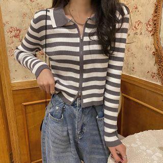 Striped / Plain Cropped Cardigan