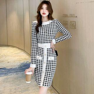 Long-sleeve Houndstooth Knit Sheath Dress