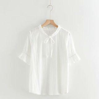 Elbow-sleeve Ribbon Crinkled Blouse