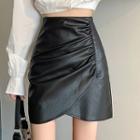 High-waist Ruched A-line Pu Bodycon Skirt