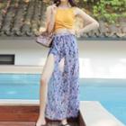 Set: Crisscross Tankini Top + Floral Print Swim Shorts + Midi Cover-up Skirt