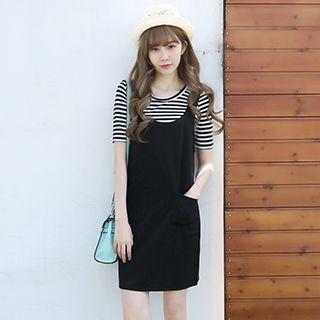 Set: Striped Short-sleeve T-shirt + Pinafore Dress