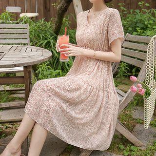 V-neck Gathered-waist Floral Print Dress Beige - One Size