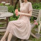 V-neck Gathered-waist Floral Print Dress Beige - One Size