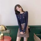 Long-sleeve Floral Embroidered Knit Top / High-waist Plaid Skirt