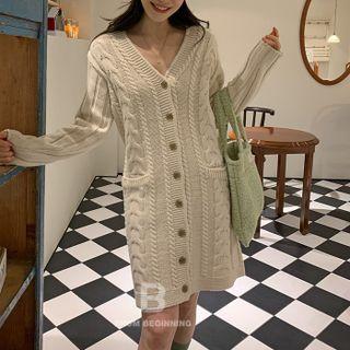 Long-sleeve Cable Knit Button-up Mini Dress Almond - One Size