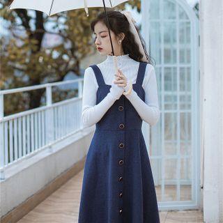 Set: Mock-turtleneck Knit Top + Midi A-line Pinafore Dress