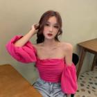 Off-shoulder Puff-sleeve Shirred Cropped Top