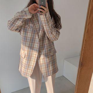 Single Breasted Plaid Blazer Checked - One Size