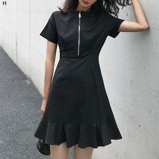 Short-sleeve Zip A-line Mini Dress Black - One Size