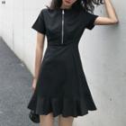 Short-sleeve Zip A-line Mini Dress Black - One Size