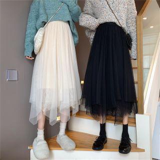 Asymmetrical Hem Mesh Midi Skirt